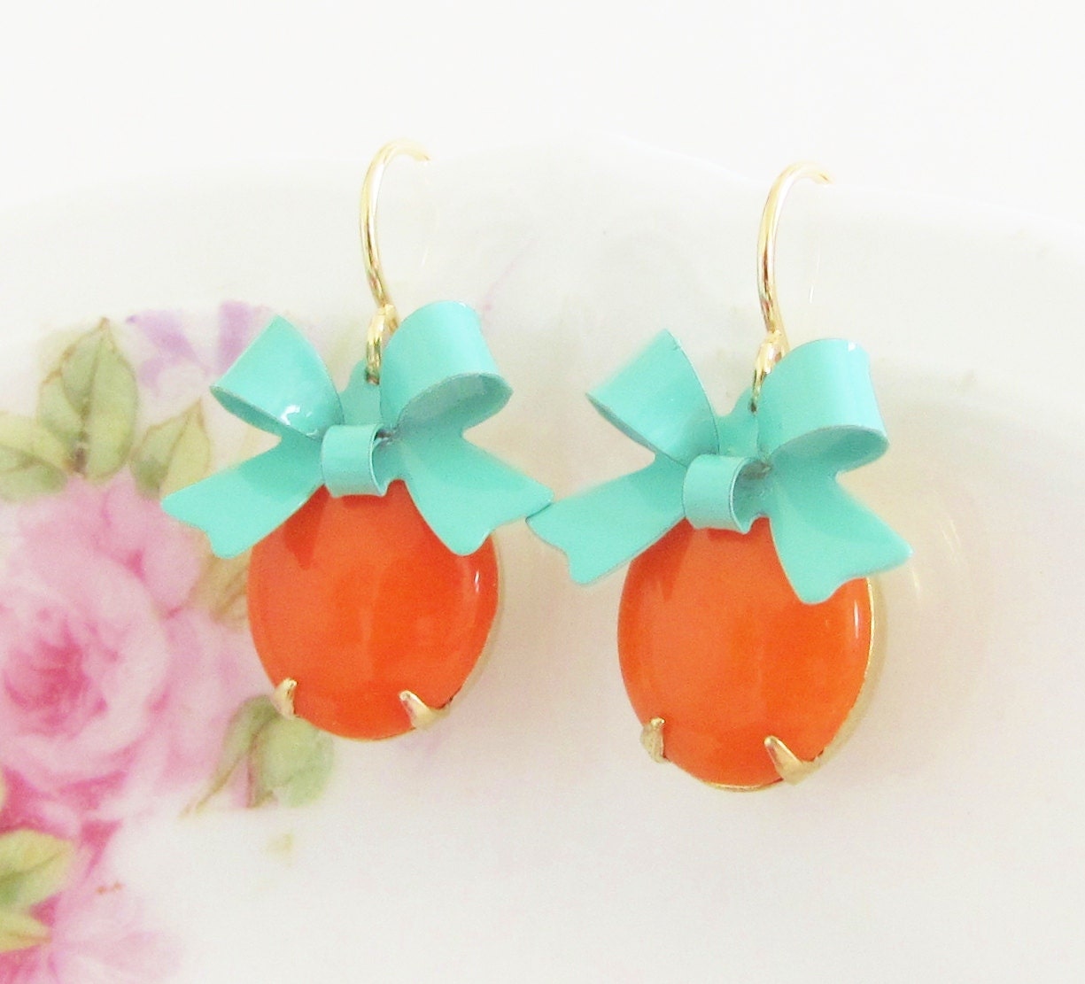 Tangerine Orange Turquoise Bow Earrings -Vintage Tangerine Orange Jewel and Turquoise Bow Dangle Earrings - Preppy, Wedding, Bridesmaid
