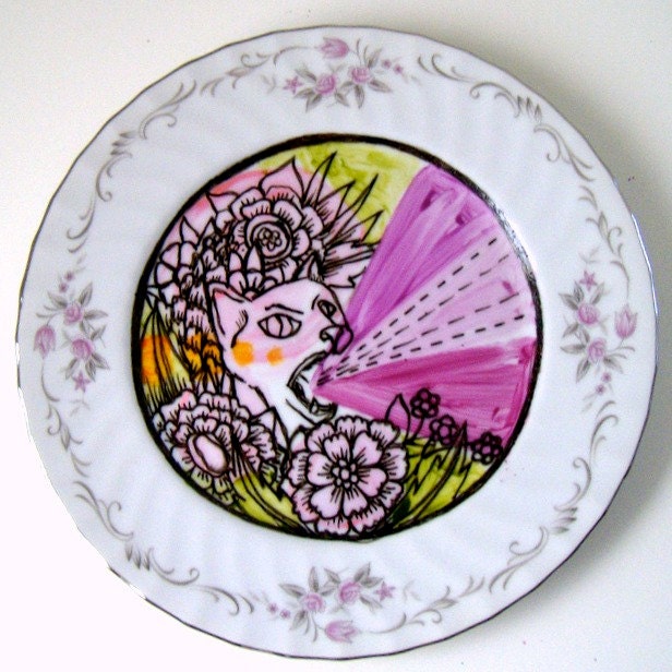 Cat Plate Upcycled Painted Porcelain Flowers Illustrated Botanicals Metallic Silver Pink Purple Green Orange - READY TO SHIP