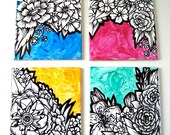 Ceramic Coasters Flowers Painted Spring Decor Illustrated Botanicals Art Tiles Pink Orange Green Blue - READY TO SHIP
