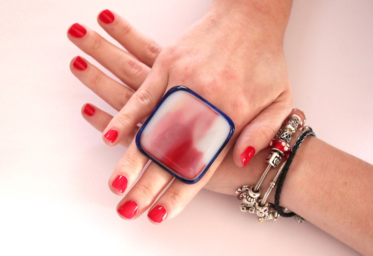 Cocktail Ring Glass - big bold handmade - RED WHITE and BLUE  - 2 inch