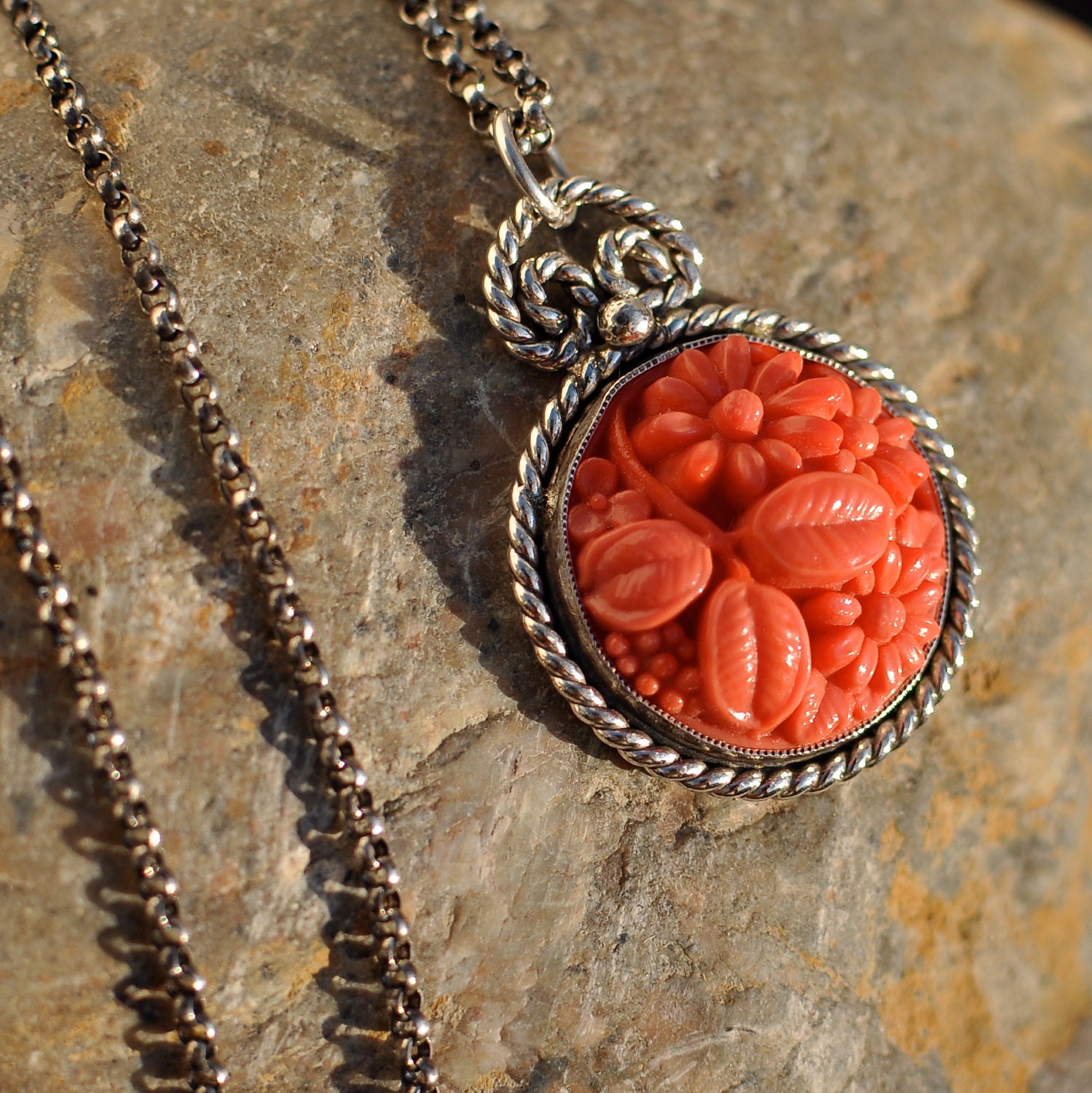 Coral Vintage Japanese Glass Rope Pendant