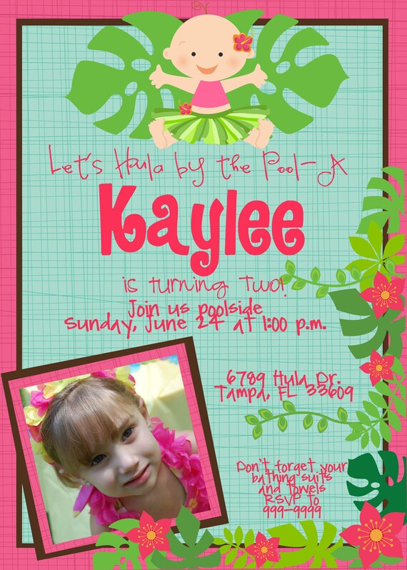 Printable Tropical Luau Hula girl or hula baby Birthday Invitations Il_570xn