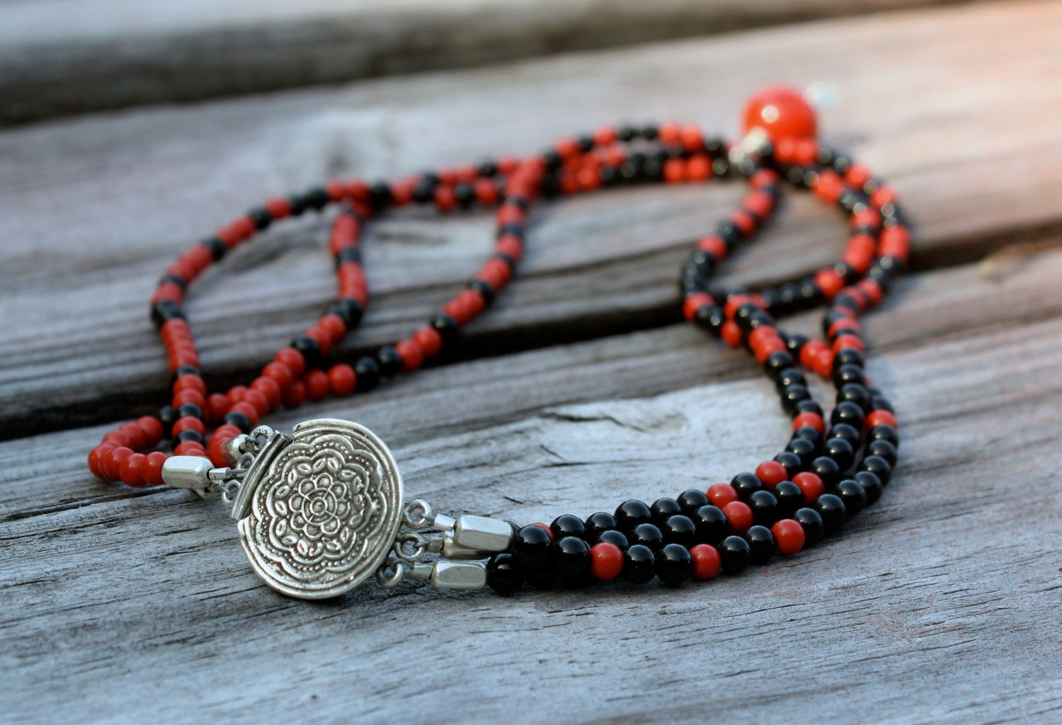 Yin Yang Onyx and Coral Triple Strand Beaded Choker