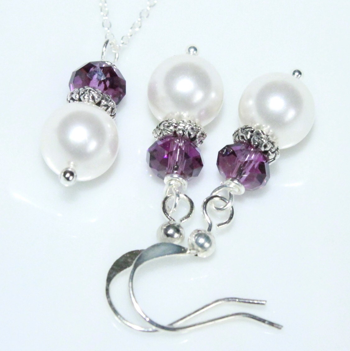 Swarovski White Pearl and Amethyst / Purple Crystal Necklace and Earring Set (Crystals Also Available in Other Colors)