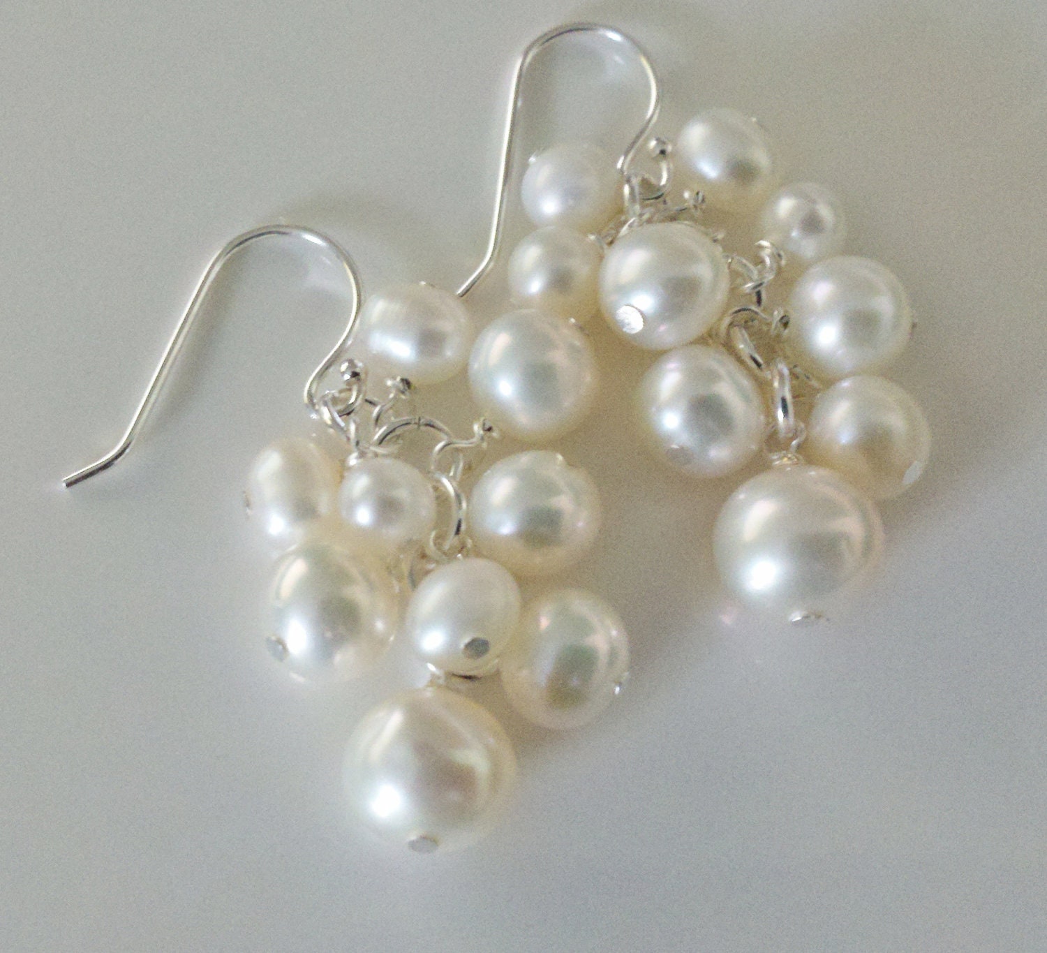 White freshwater pearl cluster earrings on sterling silver shepherds hooks bridal, delicate, elegant