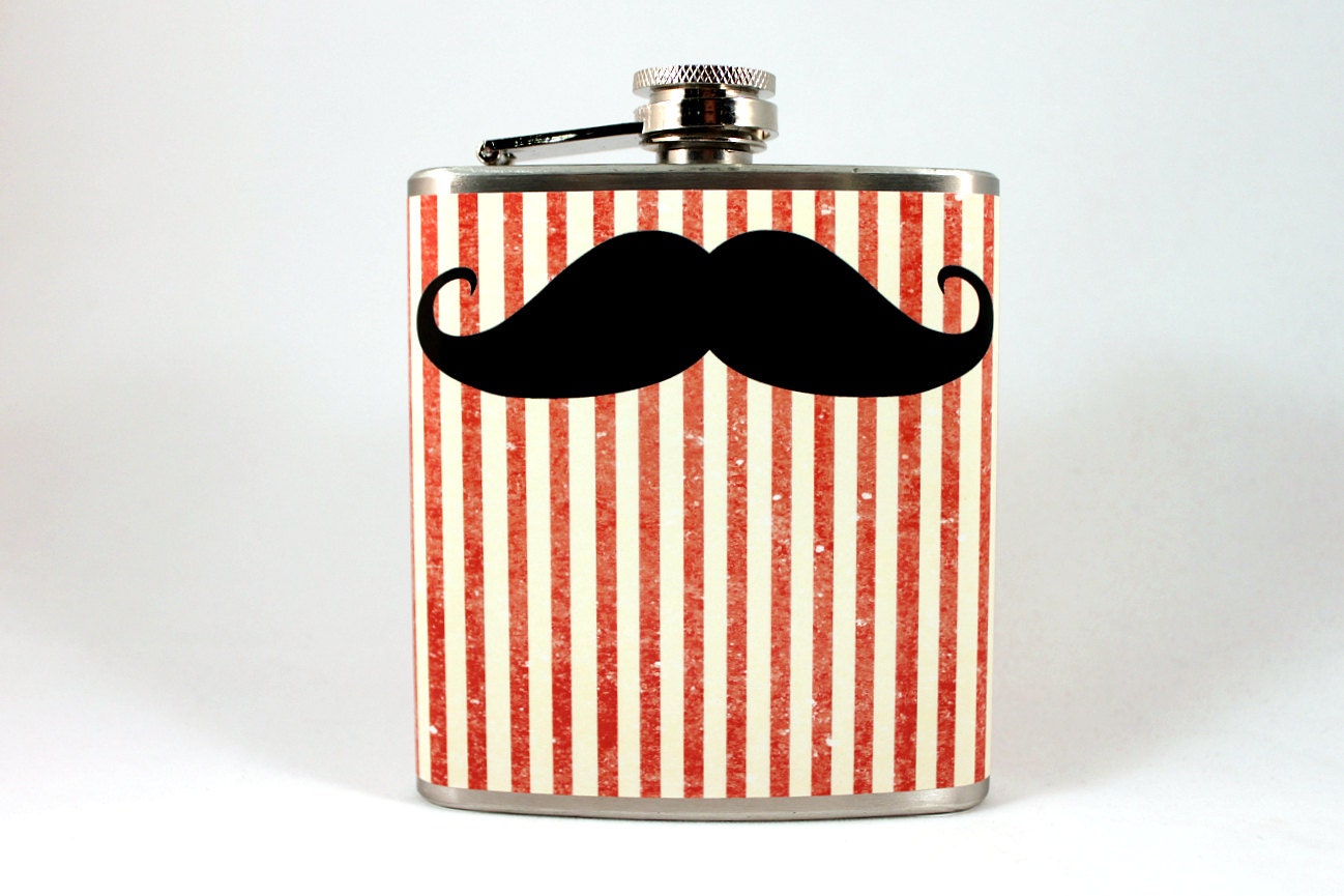 6 oz Stainless Steel Flask: Carnival Circus Mustache On Distressed Stripes