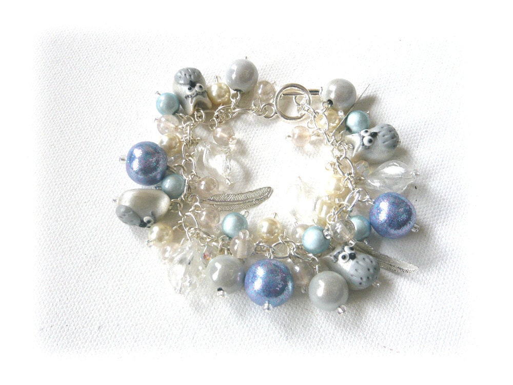 White Owl Charm Bracelet - Snowy Owl - Pearl White Crystal Ice Blue Silver - Bird Feathers - Bespoke Polymer Clay Design