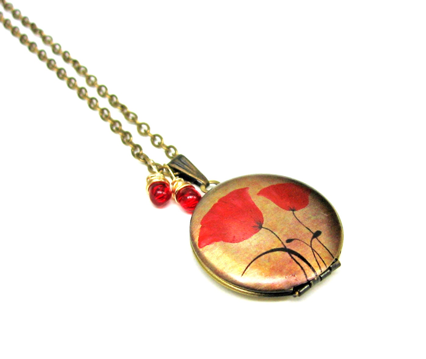 Poppy Flower Handpainted Brass Locket with Czech Glass Drops 14K Gold Wire