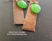 Hammered Copper Earrings with Green Glass Drops "Lime Drops"