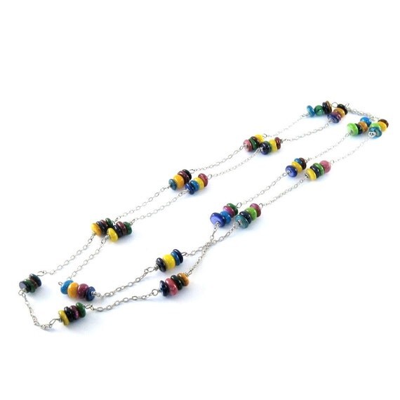 Colorful MOP Necklace Mother of Pearl Antique Silver Long Beaded Wire Wrapped
