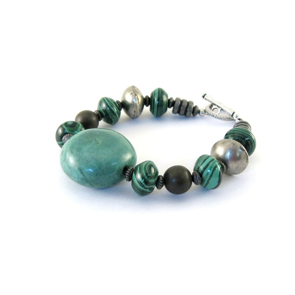 Chinese Turquoise Bracelet Green Gunmetal Beaded Silver Bracelet