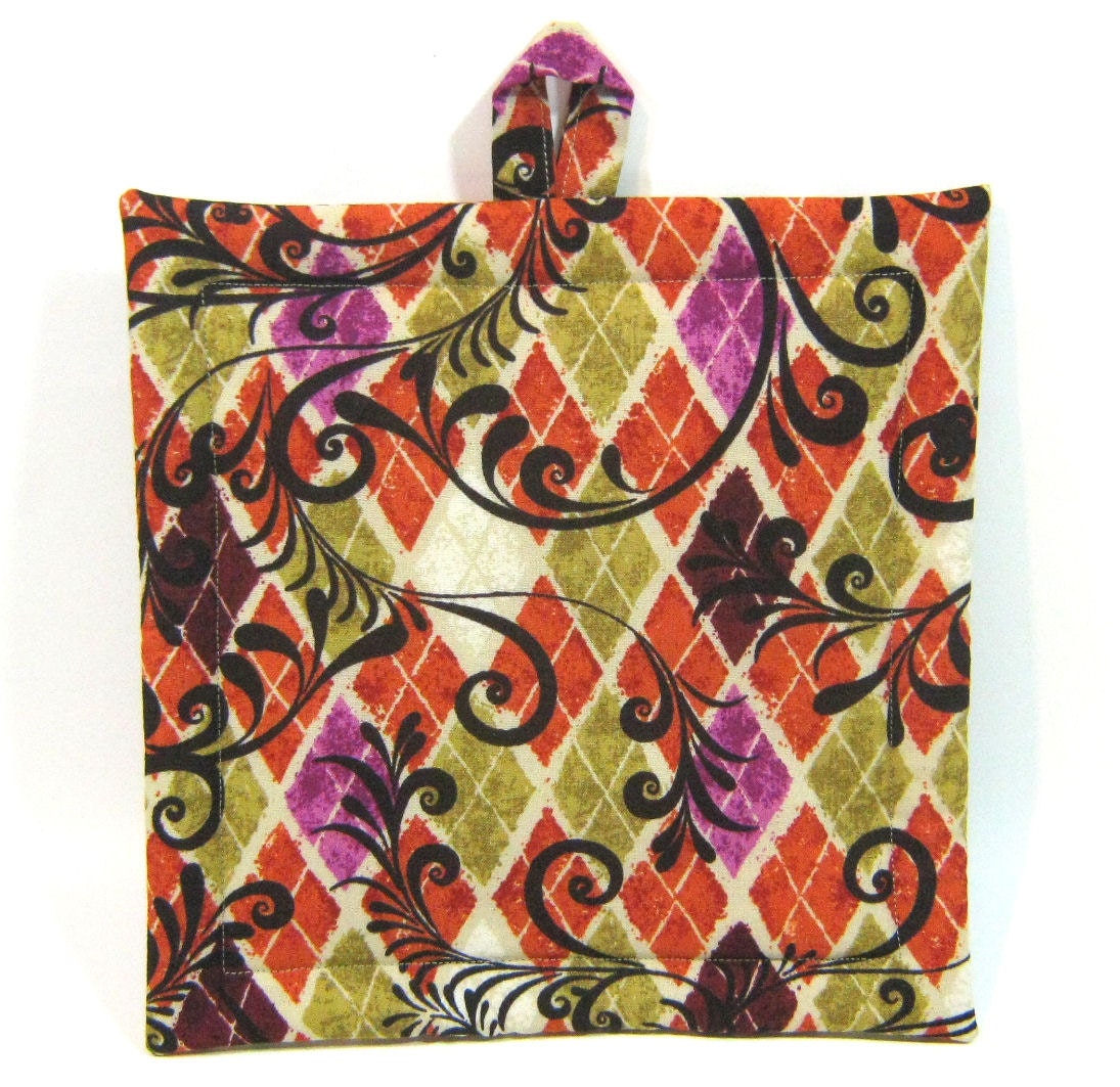 Harlequin Pattern Potholder-  Extra Large- Oversized Hot Pad in Rust, Olive, and Cream with Swirls