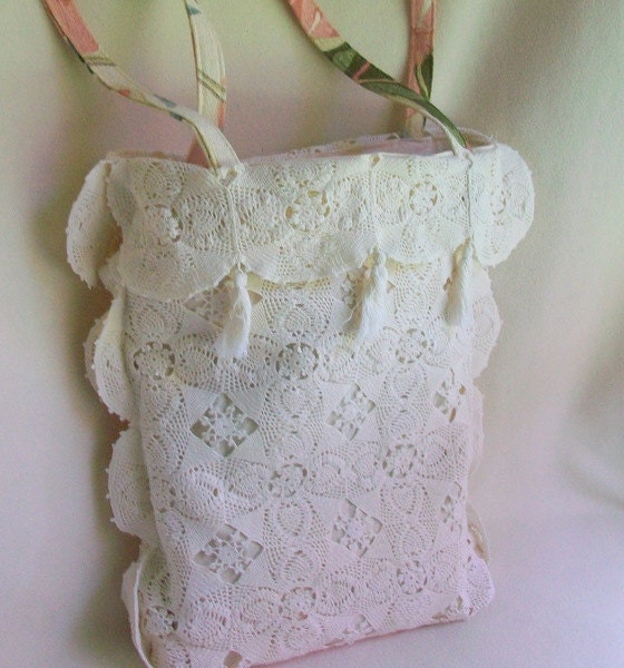 Market Tote Crocheted Vintage Lace Dresser Scarf Re Imagined Tasseled