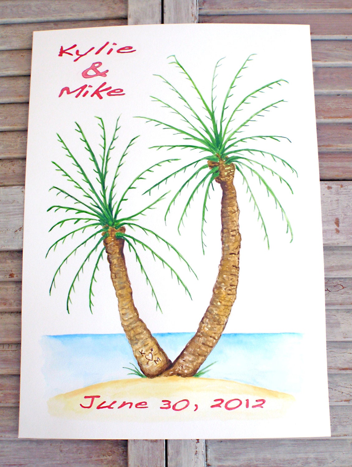 X-Small Fingerprint Palm Tree, Beach Wedding Guest book, Hand painted, includes 2 ink pads and pen