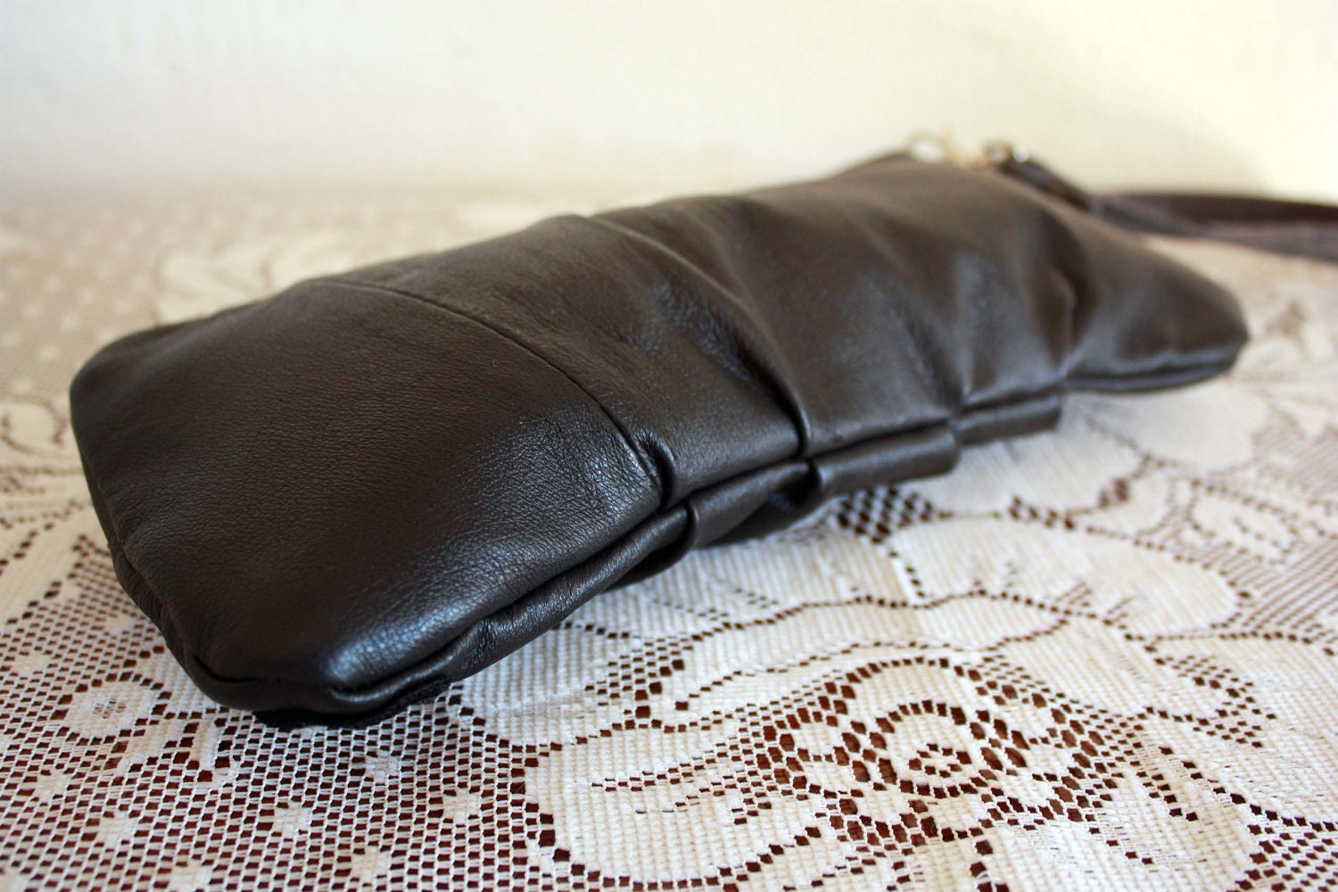Elsa Bagette style wristlet/ pouch/ makeup bag in Upcycled Leather & Lace- Ready to Ship--Save 10% w/ Code SAVE10