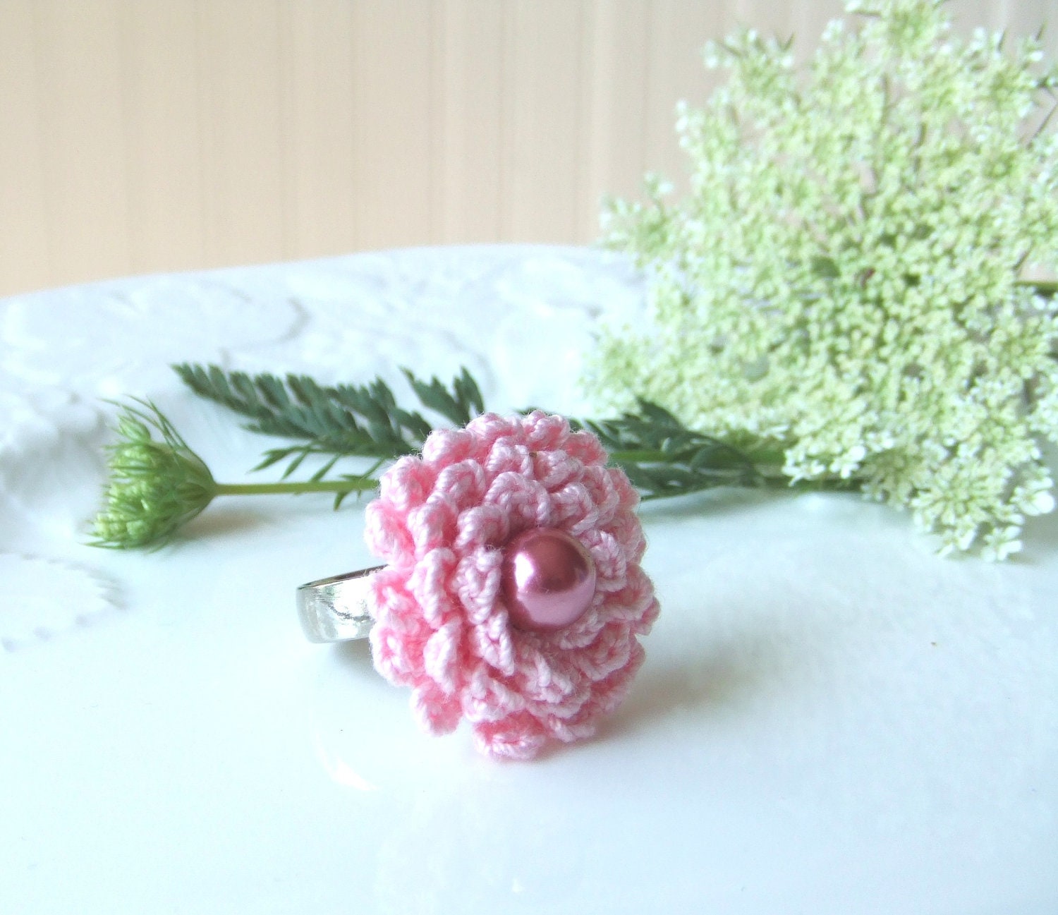 Crochet Flower Ring in Pink Peony with Pearl Center  - Adjustable Ring - New