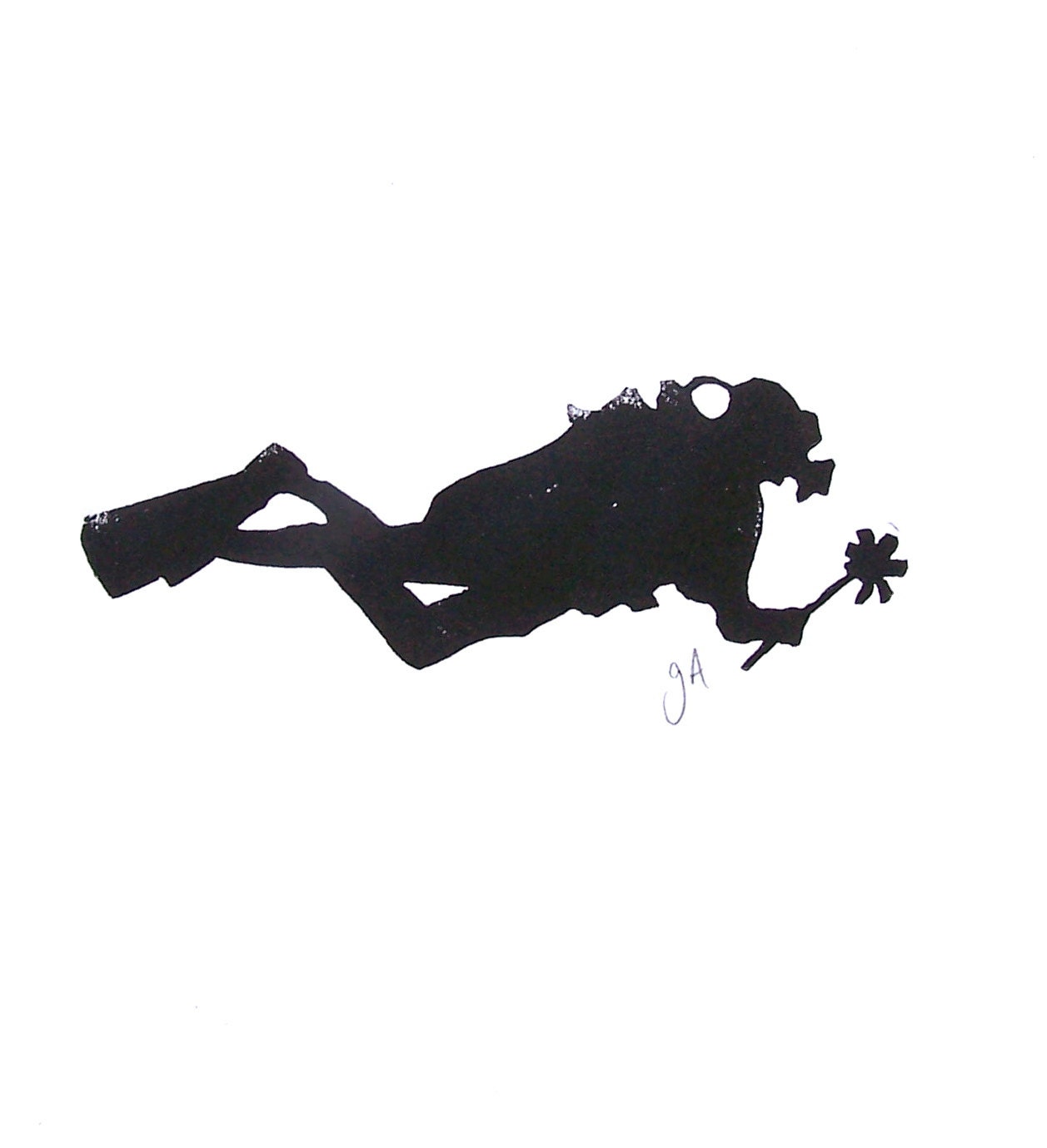 LINOCUT PRINT -  Flower delivery from a scuba diver 8x10
