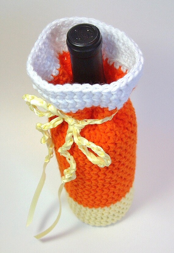 Wine Bag Bottle Cozy Gift Sack Candy Corn Yellow Orange White Champagne Sleeve Autumn Barware Halloween Ready to Ship Hand Crochet by Lilena
