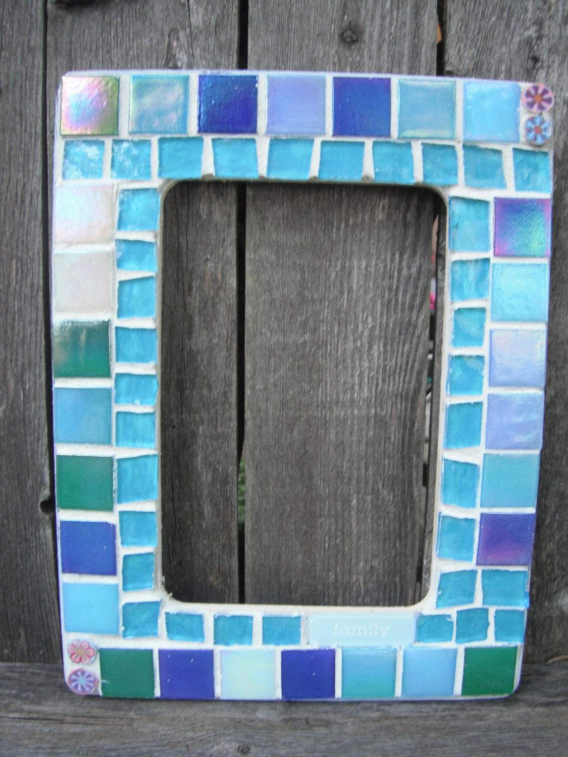 Frame in Blue Mosaic for Family Pic with the Word Family