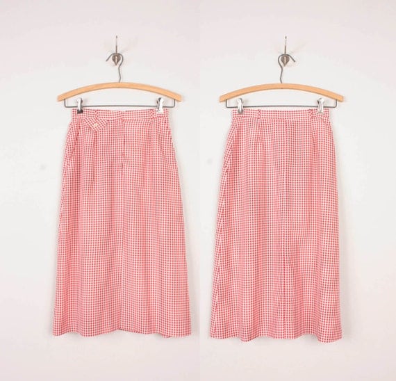 1980s High Waisted Skirt / Red & White Gingham Check - Womens XS - Pleated High Rise Below the Knee Skirt