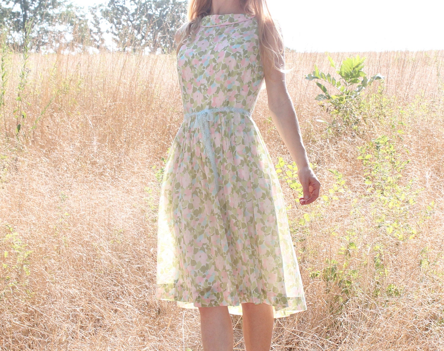Vintage 1960s Sleeveless Summer Day Dress . Pleated Skirt Sheer Floral . Womens Medium