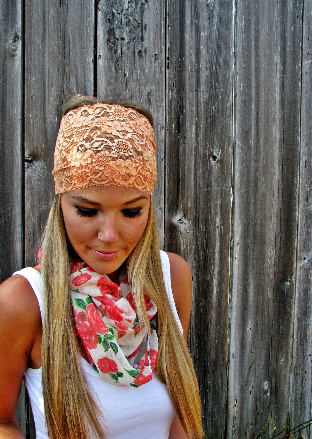 Wide Stretch Lace Headband in Peach (Soft Orange)