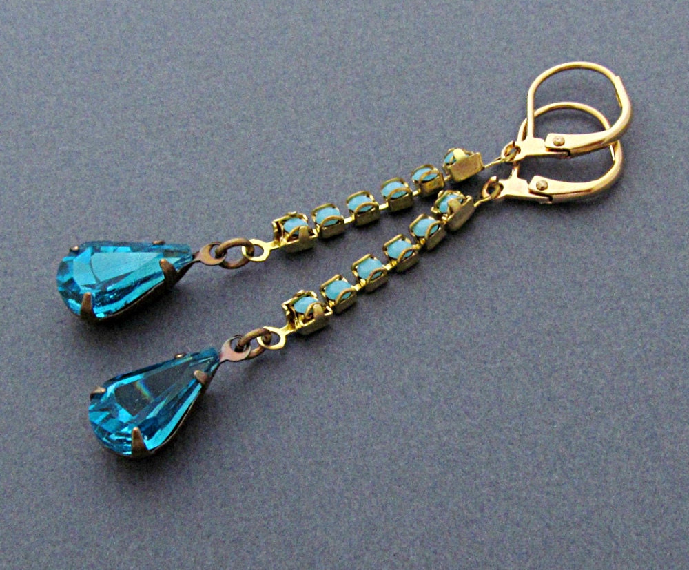 Aqua Rhinestone Earrings Turquoise Dangle Earrings Blue Dangle Earrings Something Blue Bride Old Hollywood Classic Wedding - Heather