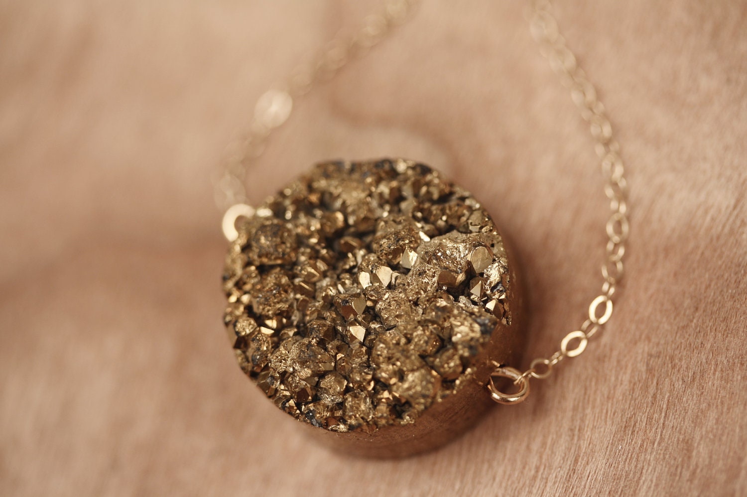 Drusy Agate Gold Nugget Necklace, Bronze Druzy Golden Pendant, Round Stone, Bling, Shiny, 14kt Gold Filled Chain, Layering, Color