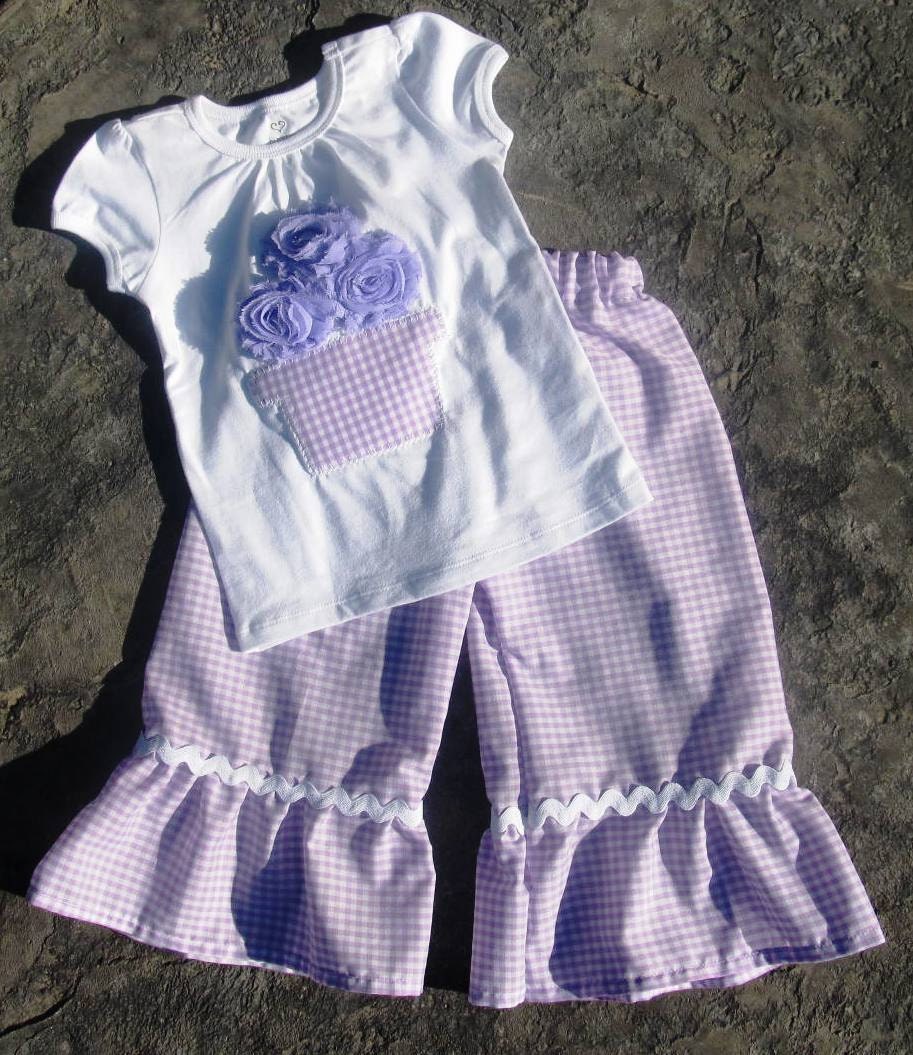 Girl's Purple Gingham Ruffle Pants with Purple Rosette Flower Tee Outfit- Size 5 6 7 8 9 10 Years