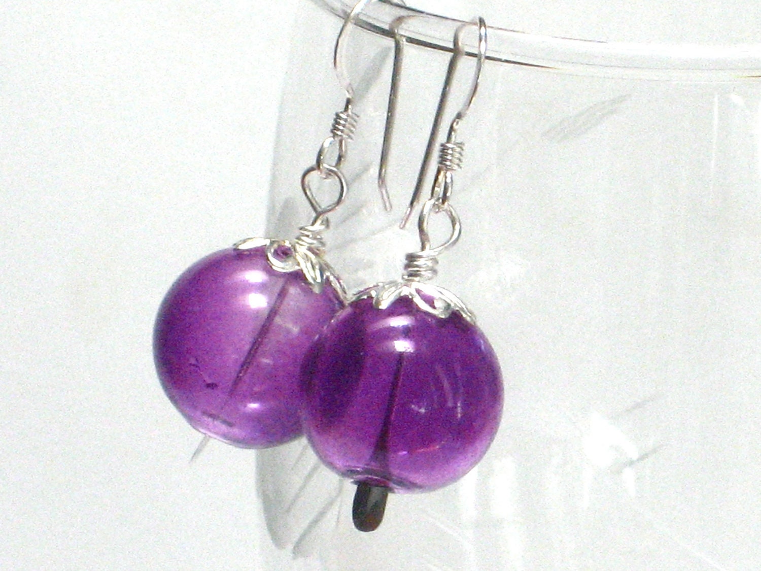 Purple Earrings, Grape Hand Blown Glass Sterling Silver Dangle Earrings Bright Summer Fashion Under 25- Jelly