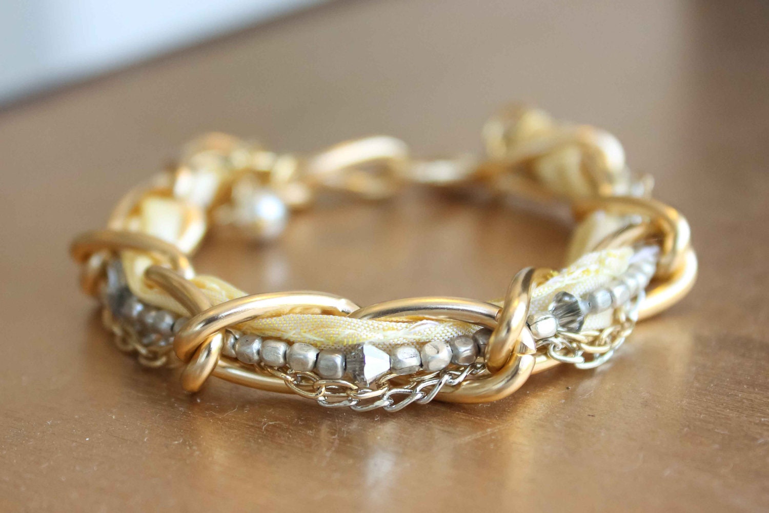Yellow Bracelet with Silk and Golden Chain
