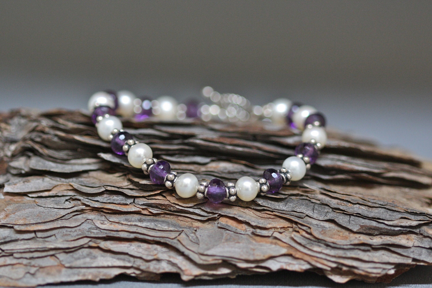 Micro-Faceted Amethyst, Freshwater Pearl and Bali Silver Polka Dot Bracelet