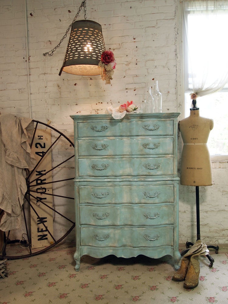 RESERVE MAGGIE Painted Cottage Chic Shabby Aqua Romantic Dresser CH364