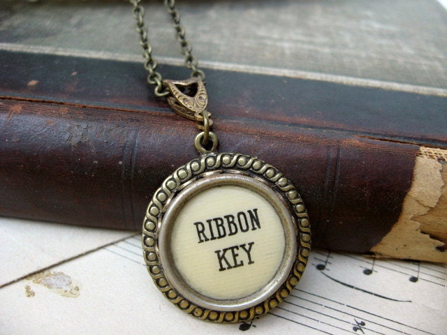 Antique Typewriter Key Necklace - Antique Brass Ribbon Key