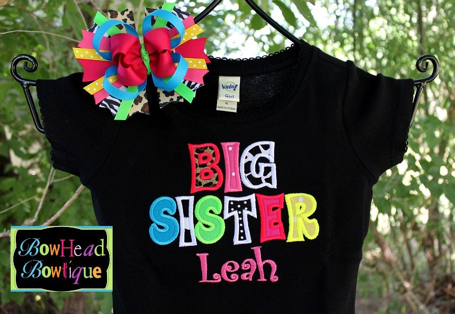 Big Sister Sis, Middle Sister Sis, or Little Sister Sis Boutique Applique Shirt or Onesie and Matching Hair Bow Set for Girls