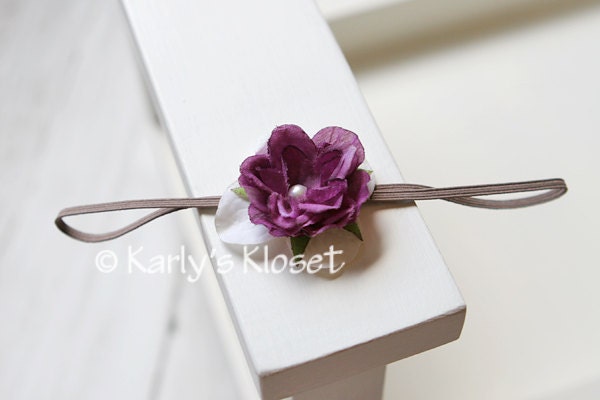 Purple Rose Silk Flower Skinny Elastic Headband with Pearl Center - Newborn Baby Girl Photography Photo Prop