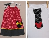 Disney Brother Sister Set - Baby Toddler Girl Boy -Dress and Tie Shirt - Red Black -Perfect for Disney Trips - Traditional Mickey Minnie