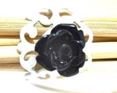 Romantic black and white filigree cabochon rose adjustable  ring