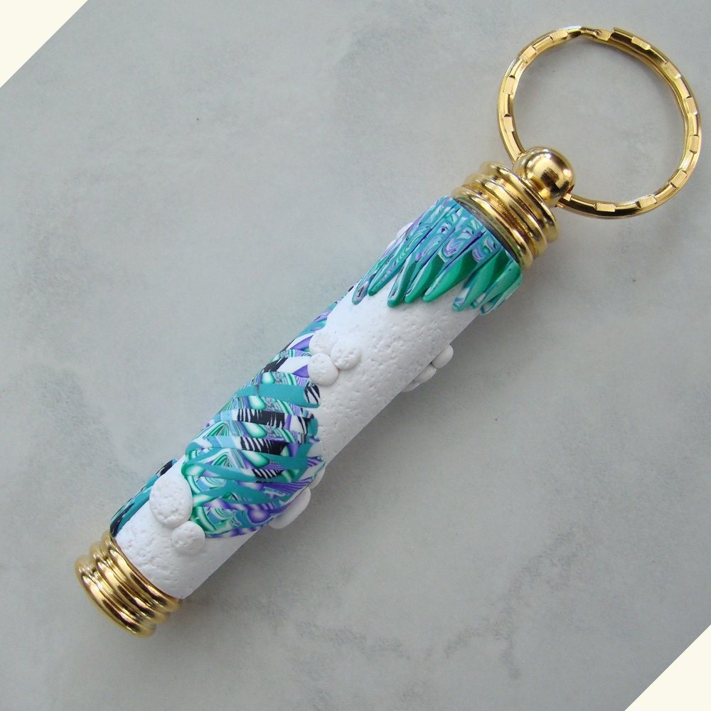 Wing Feather Cane White, Turquoise, Purple and Green Polymer Clay Needle Holder Key Ring Custom Key Fob 102