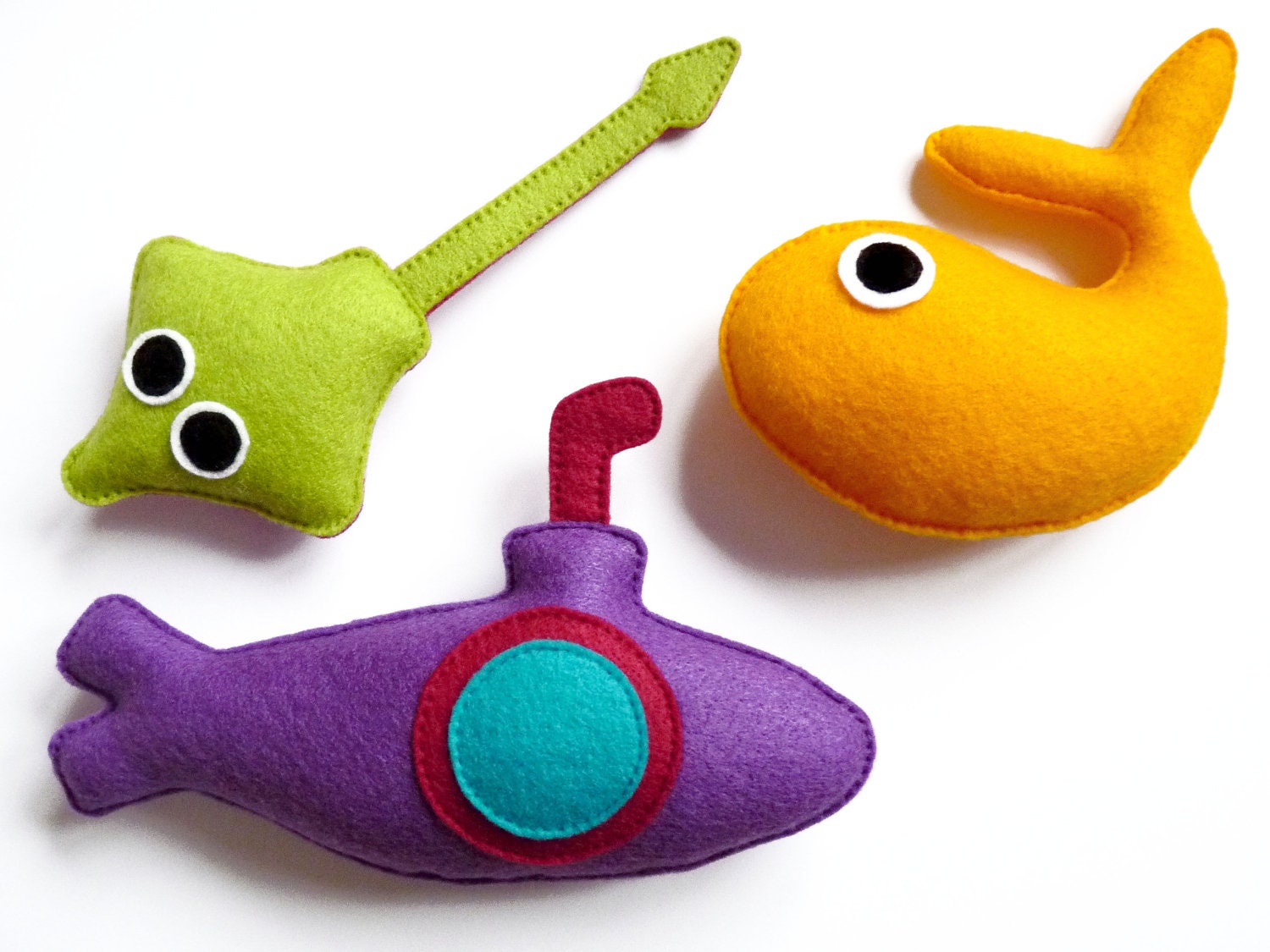SALE - Under the Sea Felt Plush Toy Play Set  for Children - Purple Submarine, Green / Pink Stingray & Yellow Whale - Gifts for Kids