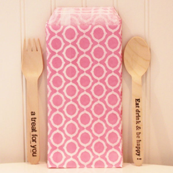 Silverware Bags, 20 PINK MOD CIRCLE Silverware Buffet Bags, Paper Bags, Party Favors, Table Place Settings