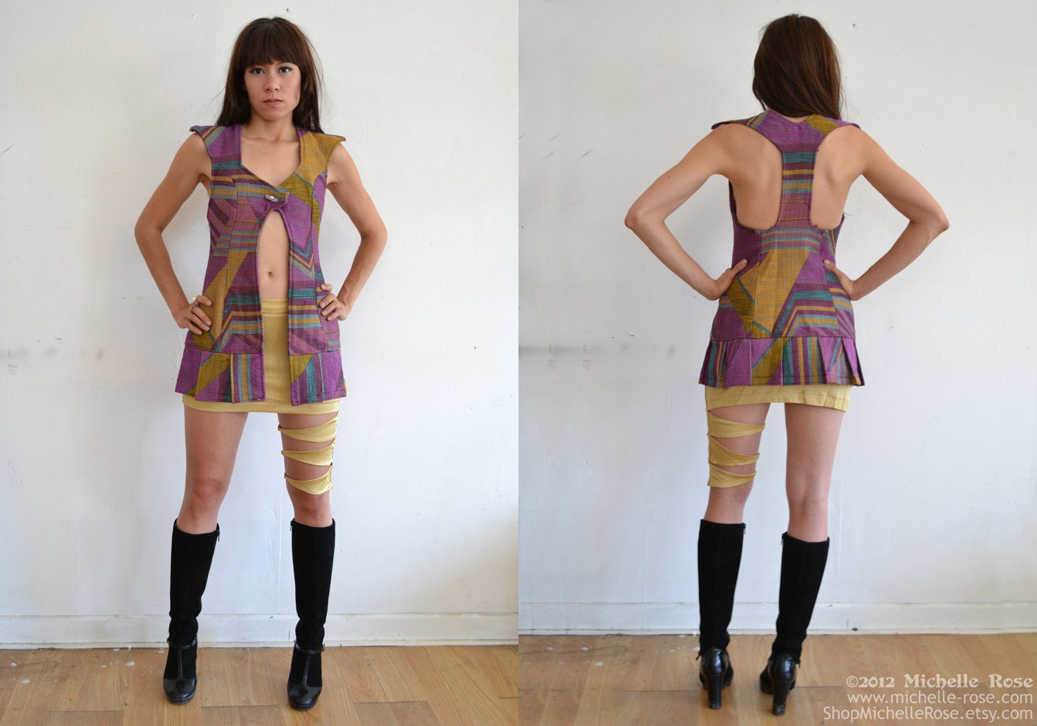 Pyramid Vest Dress - Woven Brocade Overdress - Sixties Mod Meets Tribal Futuristic - Original Handmade Dress - Low Waisted Pleated