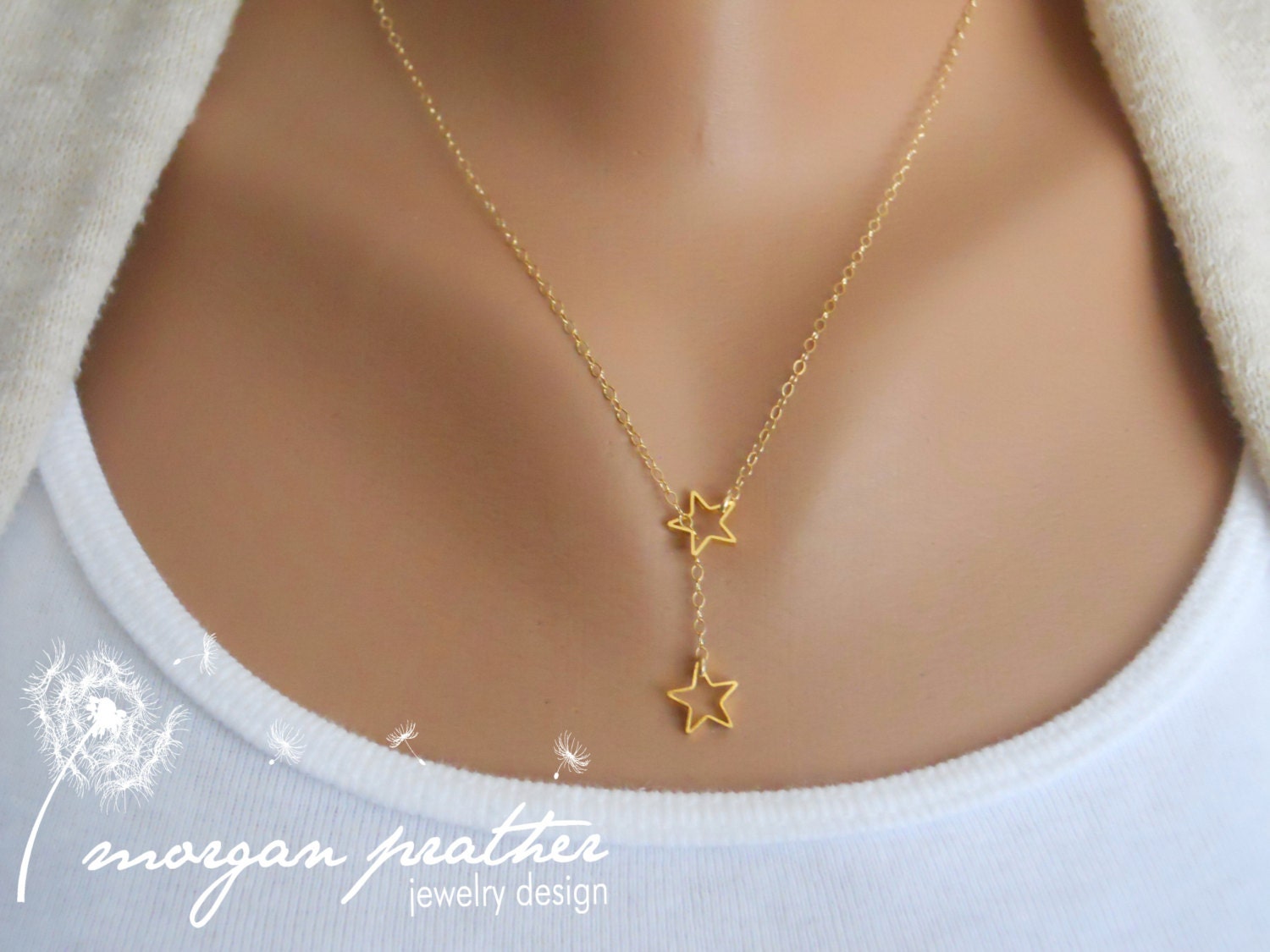 Tiny Star Lariat Necklace - Dainty Little Star Shape Brass Charm Suspended on Gold Filled Chain - morganprather