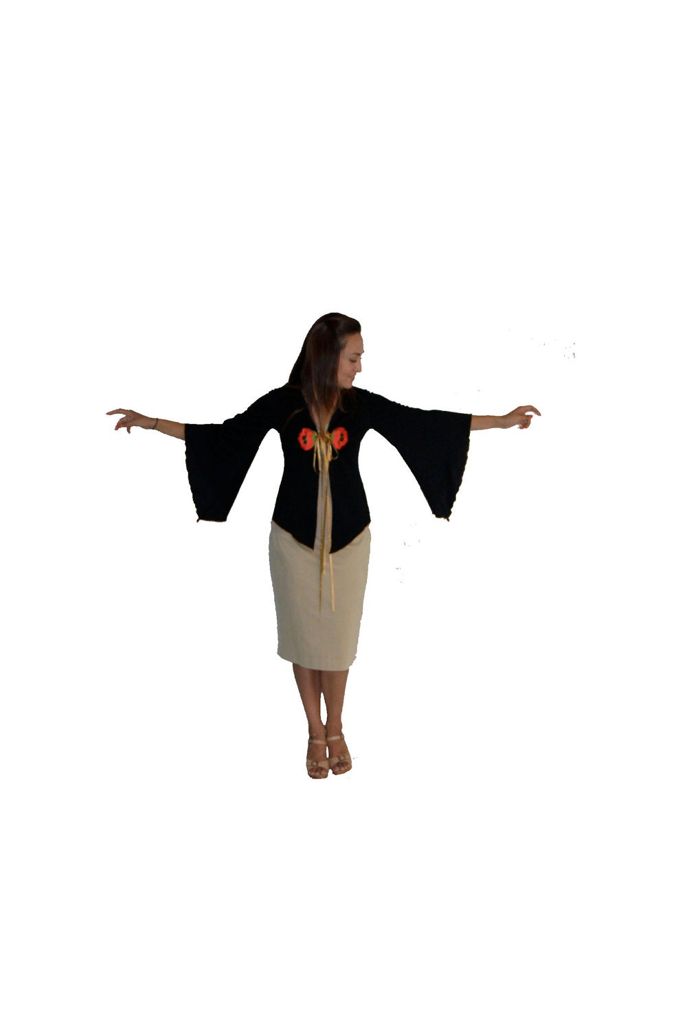 Vintage Lightweight Wrap - Wonderful 1970s Butterfly Sleeves with Embroidered Appliques Jacket