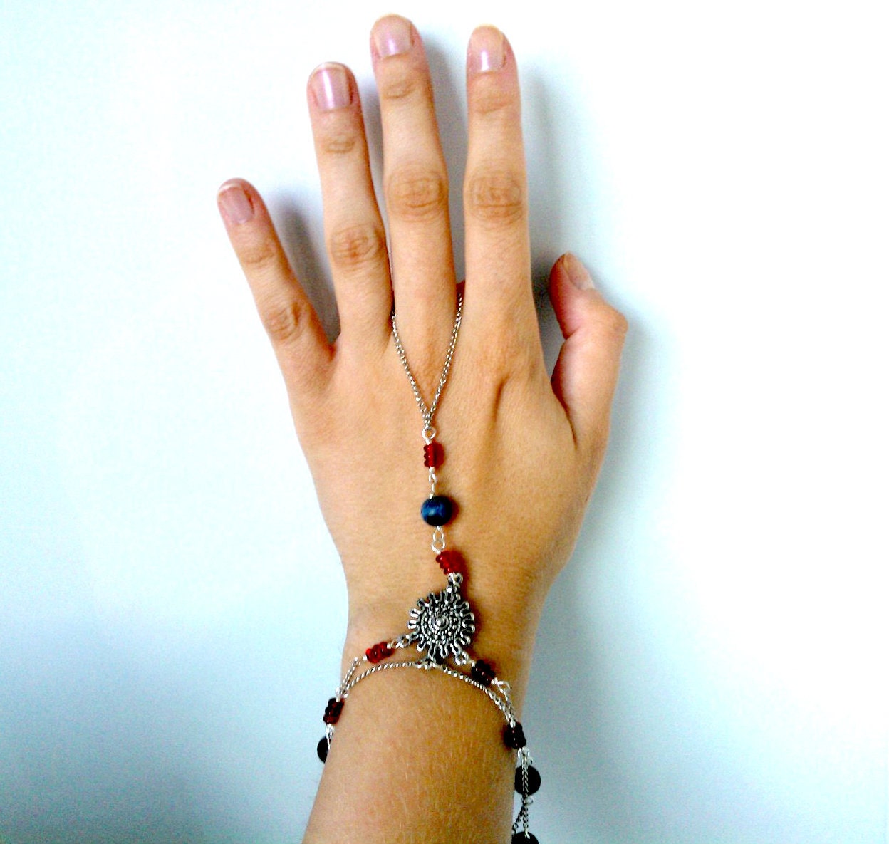 Nautical Slave Bracelet - Crackle Black Agate and Red Rondelle Glass Beads