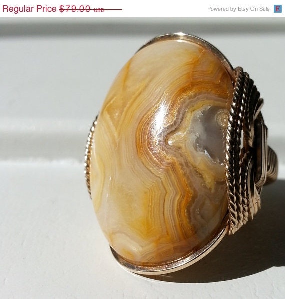 25% OFF Crazy Lace Agate Ring, Gold Fill, Natural Druzy, Butter Yellow, Sunshine, Mustard, Triangle, Drusy Window, Summer Jewelry, Summer F