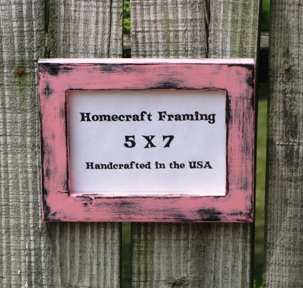 5X7 Picture Frame Hand Painted Distressed Pink Black Frame Country Primitive Wooden