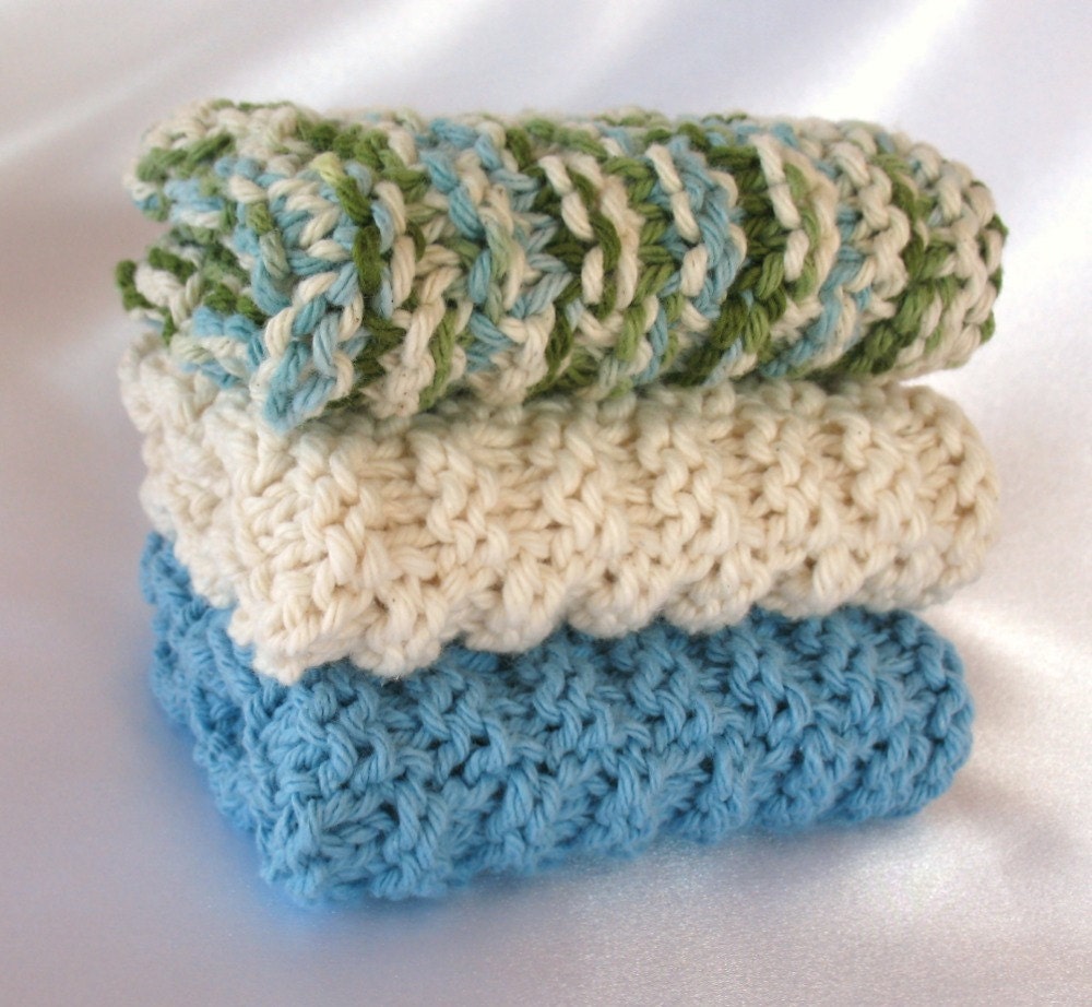 Knit Washcloth Knitted Face Wash Cloth Soft Facecloth Cotton Dishcloth Blue Green Ocean Earth Tones Bath Beauty Gift Set Men Women