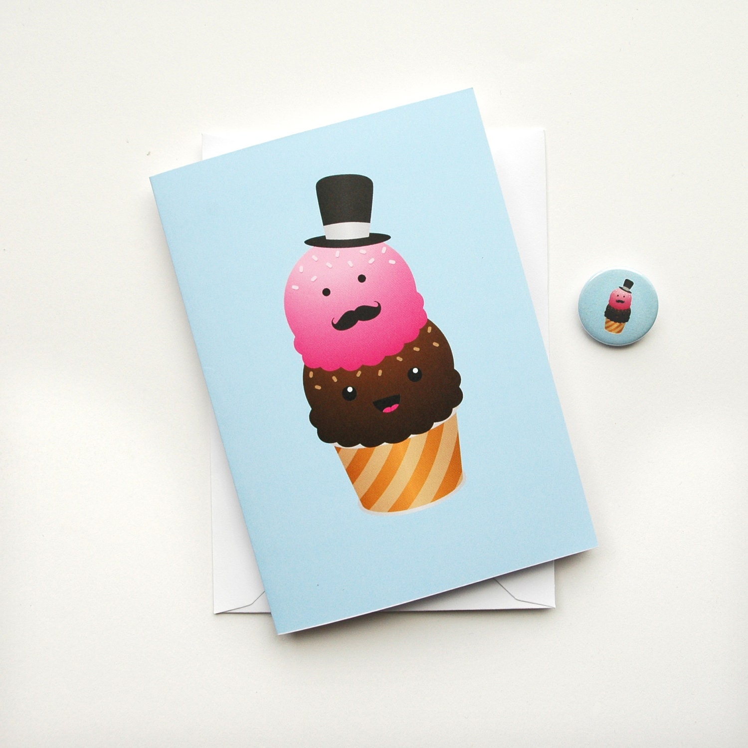 Kawaii Cute Ice Cream Card with Moustache and Top Hat Blue