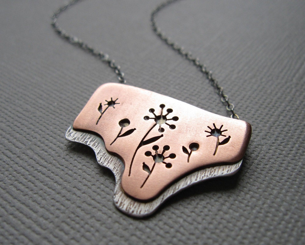 Wildflowers Copper Flower Necklace Mixed Metal Sterling Silver Pendant